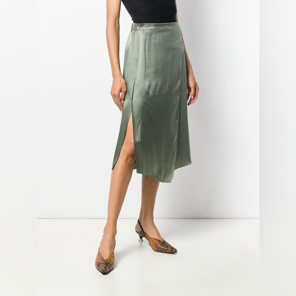Vince Dresses & Skirts - Vince Olive Satin Flint Draped Panel  Midi Skirt XS Elastic Waist